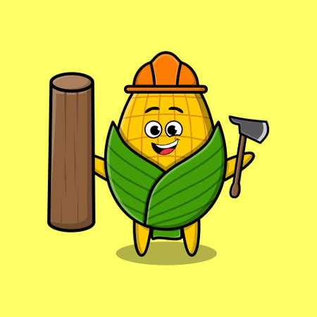 Cute cartoon corn as carpenter character with ax and wood in 3d modern style designのイラスト素材