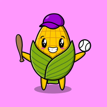 Cute cartoon corn character playing baseball in modern style designのイラスト素材