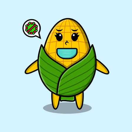 Cute cartoon mascot illustration corn using mask to prevent corona virus in cute modern style design for t-shirt, sticker, logo element, posterのイラスト素材