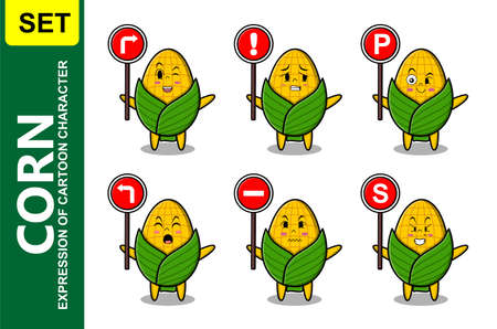 Cute corn cartoon character holding traffic sign in modern 3d style designのイラスト素材