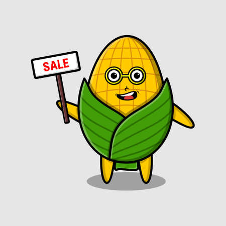 Cute cartoon corn character holding sale sign designs in concept 3d cartoon styleのイラスト素材