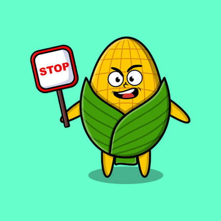 Cute Cartoon mascot illustration corn with stop sign board vector drawing cute modern style designのイラスト素材