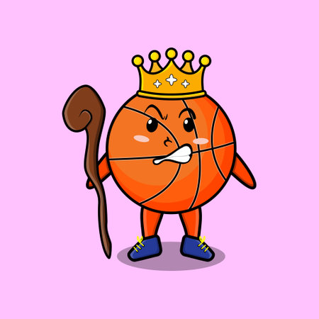 Cute cartoon basketball mascot as wise king with golden crown and wooden stickのイラスト素材