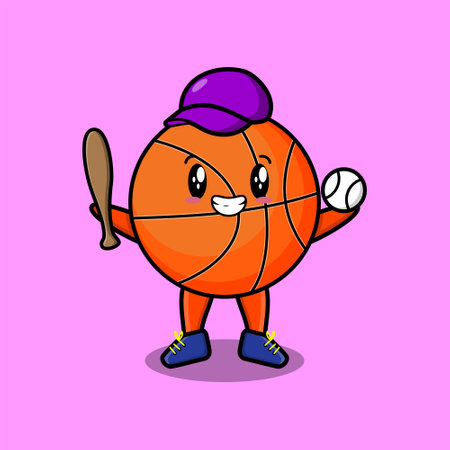 Cute cartoon basketball character playing baseball in modern style designのイラスト素材