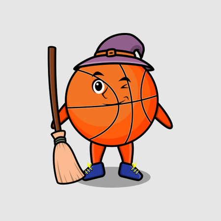 Cute cartoon witch shaped basketball character with hat and broomstickのイラスト素材