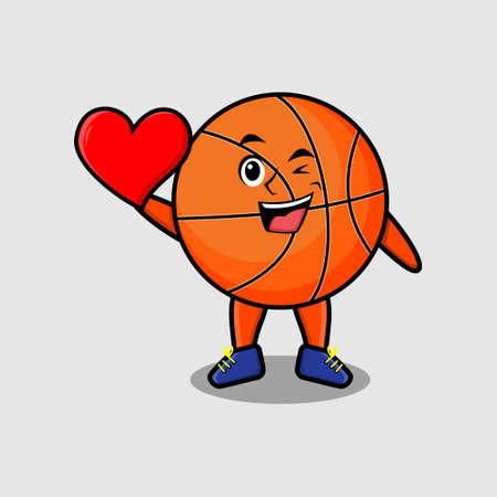 Cute cartoon basketball character holding big red heart in modern style designのイラスト素材