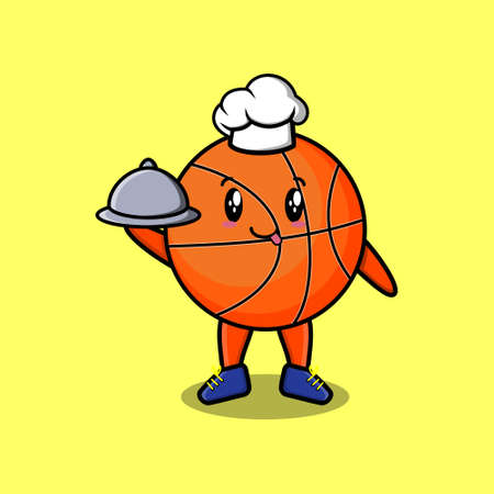 Cute Cartoon chef basketball mascot character serving food on tray cute style designのイラスト素材