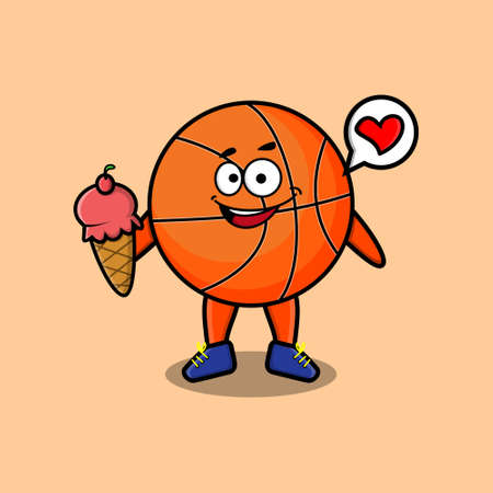 Cute Cartoon basketball character holding ice cream coneのイラスト素材
