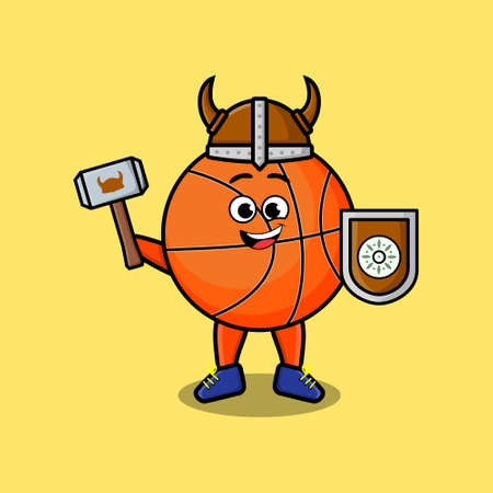 Cute cartoon character Basketball viking pirate with hat and holding hammer and shieldのイラスト素材