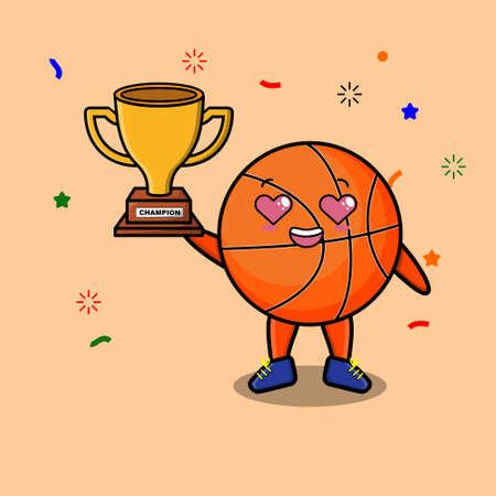 Cute Cartoon character illustration of basketball is holding up the golden trophyのイラスト素材