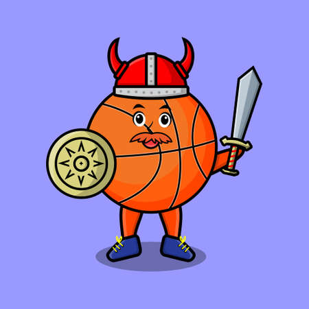 Cute cartoon character Basketball viking pirate with hat and holding sword and shieldのイラスト素材