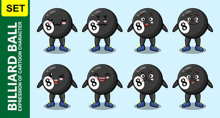 Set kawaii billiard ball cartoon character with different expressions of cartoon face illustrationsのイラスト素材