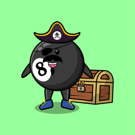 Cute cartoon character Billiard ball pirate with treasure box in modern style designのイラスト素材