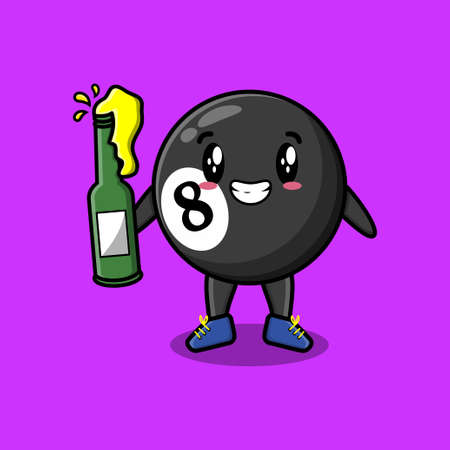 Cute cartoon character Billiard ball with soda bottle in modern cute style designのイラスト素材