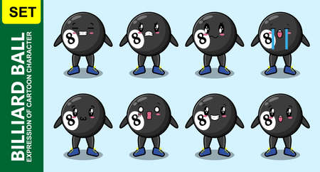 Set kawaii billiard ball cartoon character with different expressions of cartoon face illustrationsのイラスト素材