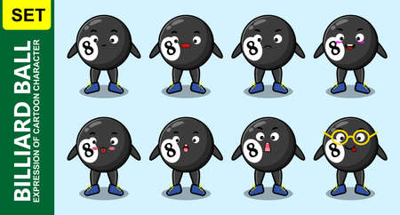 Set kawaii billiard ball cartoon character with different expressions of cartoon face illustrationsのイラスト素材