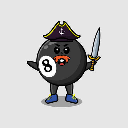 Cute cartoon mascot character billiard ball pirate with hat and holding sword in modern designのイラスト素材