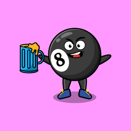 Billiard ball cartoon mascot character with beer glassのイラスト素材