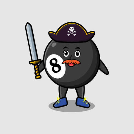 Cute cartoon mascot character billiard ball pirate with hat and holding sword in modern designのイラスト素材