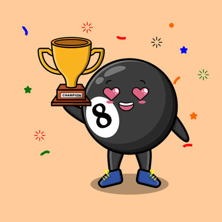 Cute Cartoon character of billiard ball is holding up the golden trophy with happy gestureのイラスト素材
