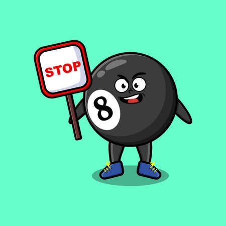 Cute Cartoon mascot illustration billiard ball with stop sign boardのイラスト素材