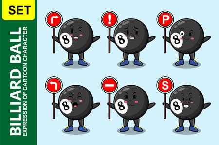 Cute billiard ball cartoon character holding traffic sign in modern 3d style designのイラスト素材