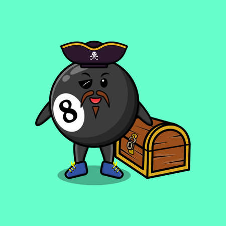 Cute cartoon character Billiard ball pirate with treasure box in modern style designのイラスト素材