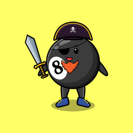 Cute cartoon mascot character billiard ball pirate with hat and holding sword in modern designのイラスト素材