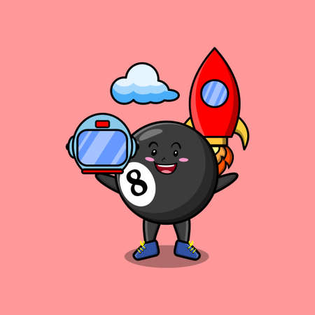 Cute mascot cartoon character Billiard ball as astronaut with rocket, helm, and cloudのイラスト素材