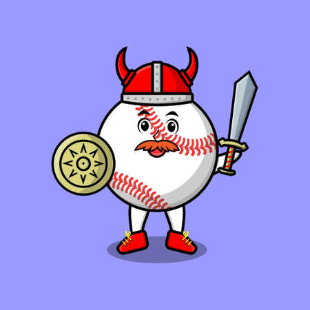 Cute cartoon character Baseball ball viking pirate with hat and holding sword and shieldのイラスト素材