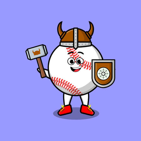 Cute cartoon character Baseball ball viking pirate with hat and holding hammer and shieldのイラスト素材