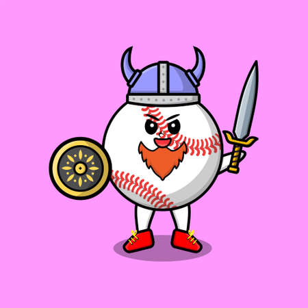 Cute cartoon character Baseball ball viking pirate with hat and holding sword and shieldのイラスト素材