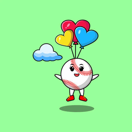 Cute cartoon Baseball ball mascot is skydiving with balloon and happy gestureのイラスト素材