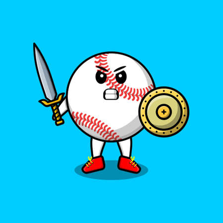 Cute cartoon character Baseball ball holding sword and shieldのイラスト素材