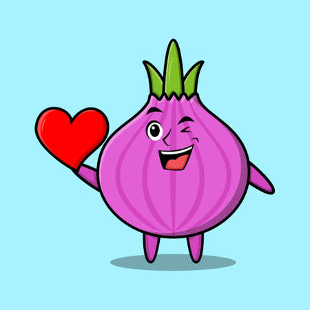 Cute cartoon onion character holding big red heart in modernのイラスト素材
