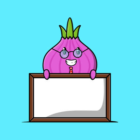 Cute cartoon onion teacher character with big whiteboard in 3d cartoon style conceptのイラスト素材
