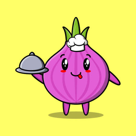 Cute Cartoon chef onion mascot character serving food on trayのイラスト素材