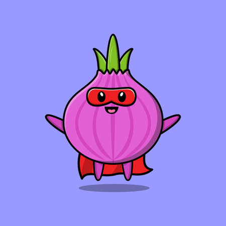 Cute onion superhero character flaying illustration cartoon vector in concept 3d modern style designのイラスト素材