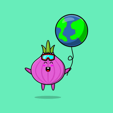 Cute cartoon onion floating with earth world balloon cartoon vector illustrationのイラスト素材