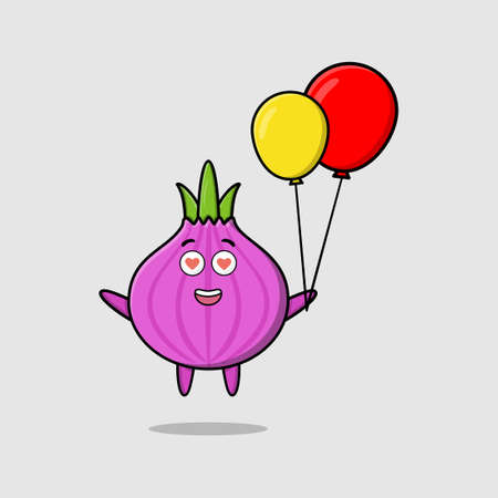 Cute cartoon onion floating with balloon cartoon vector illustration in concept 3d cartoon styleのイラスト素材