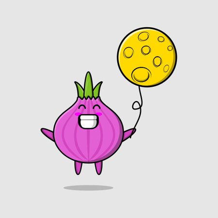 Cute cartoon onion floating with moon balloon cartoon vector illustrationのイラスト素材