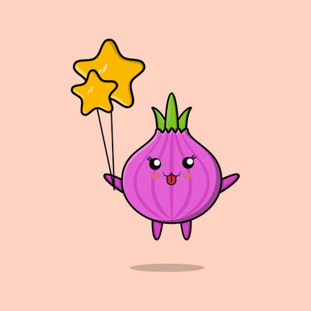 Cute cartoon onion floating with star balloon cartoon vector illustrationのイラスト素材