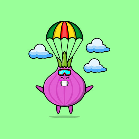 Cute mascot cartoon Onion is skydiving with parachute and happy gesture cute modern style designのイラスト素材