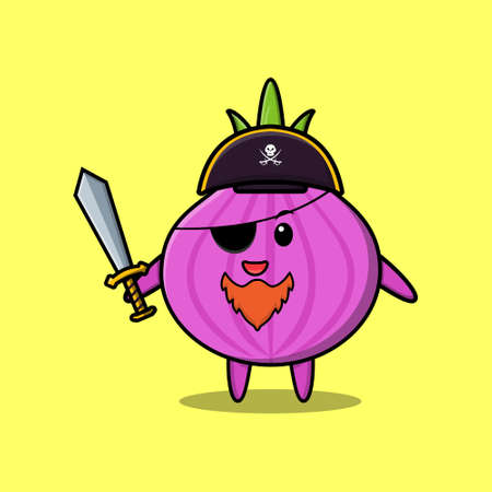 Cute cartoon mascot character onion pirate with hat and holding sword in modern designのイラスト素材