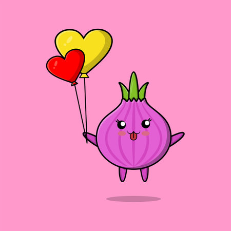 Cute cartoon onion floating with love balloon cartoon vector illustrationのイラスト素材