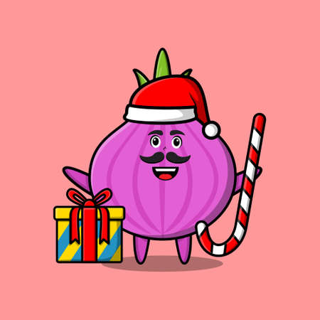 cute cartoon onion santa clause character is bringing candy cane and boxes christmas illustrationのイラスト素材