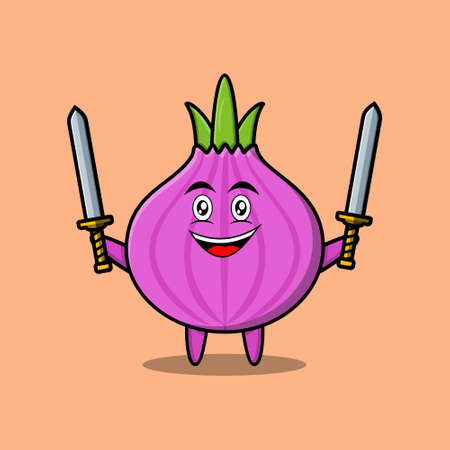 Cute cartoon Onion character holding two sword in 3d modern designのイラスト素材