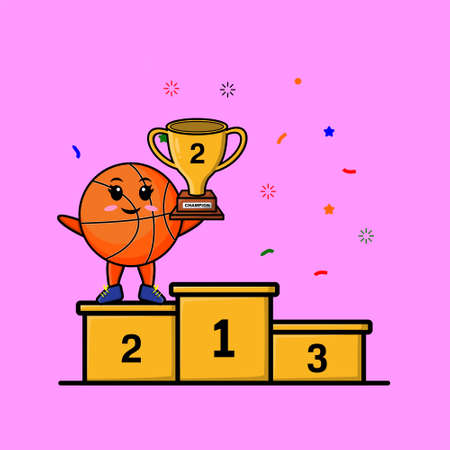 Cute cartoon basketball as the first winner with happy expression in 3d modern style designのイラスト素材