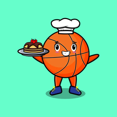 Cute Cartoon chef basketball mascot character serving cake on tray cute style designのイラスト素材