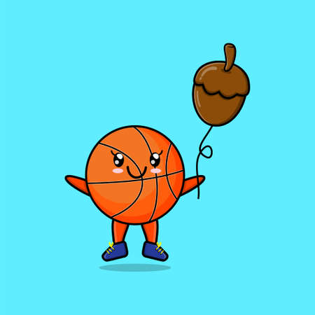 Cute cartoon basketball floating with acorn balloon cartoon vector illustrationのイラスト素材